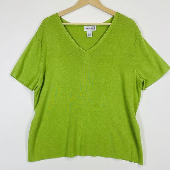 J.G Hook Spring Green Short Sleeve Knit V-Neck Rayon Blend Sweater Womens 2X‎ - Picture 1 of 4